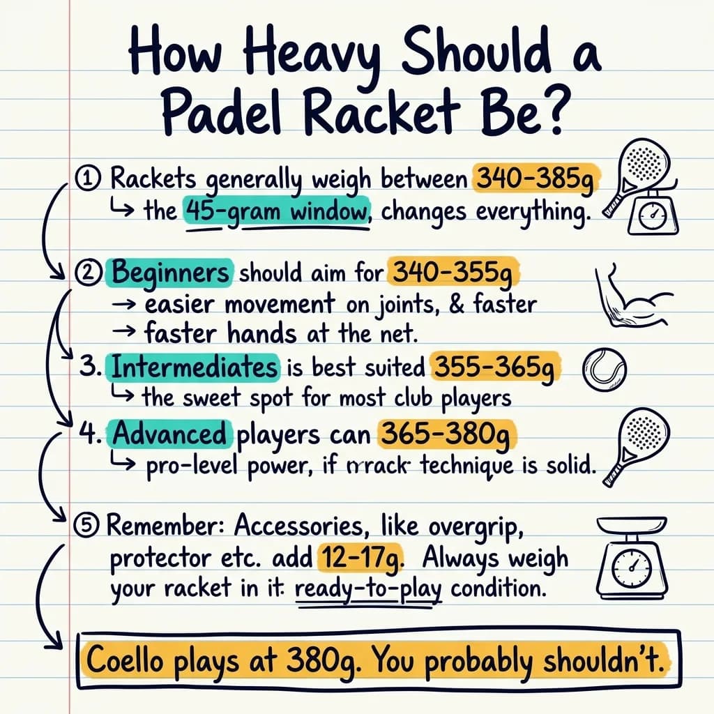 Handwritten sketchnote summarizing padel racket weight guide with weight ranges by level